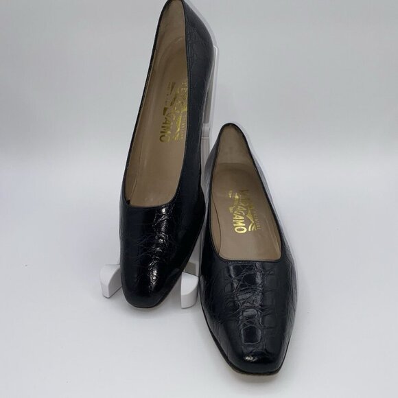 Salvatore Ferragamo Black Leather Croc Print Low Block Heel Slip-On 7.5AA Shoes - Picture 7 of 16